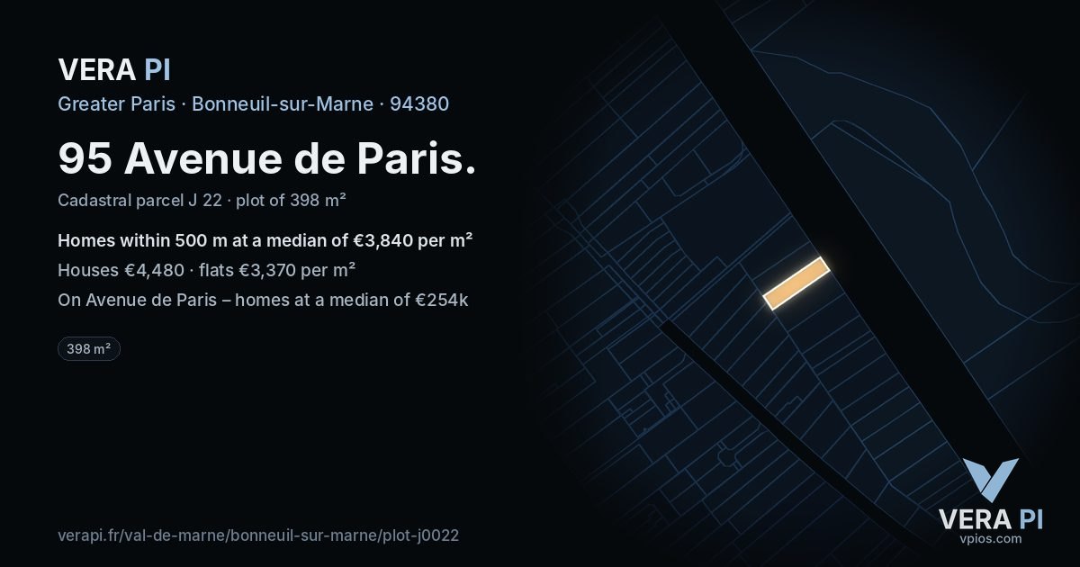 95 Avenue de Paris, Bonneuil-sur-Marne at night – the plot lit, the parcels around coloured by the prices near them