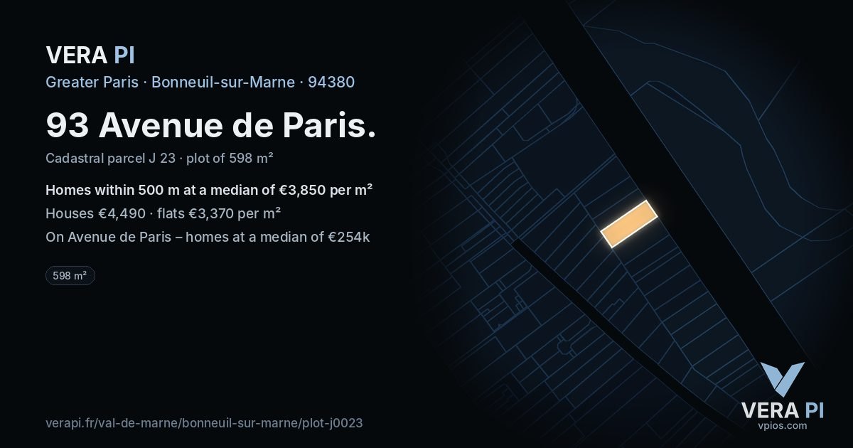 93 Avenue de Paris, Bonneuil-sur-Marne at night – the plot lit, the parcels around coloured by the prices near them