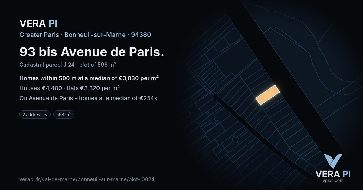 93 bis Avenue de Paris, Bonneuil-sur-Marne at night – the plot lit, the parcels around coloured by the prices near them