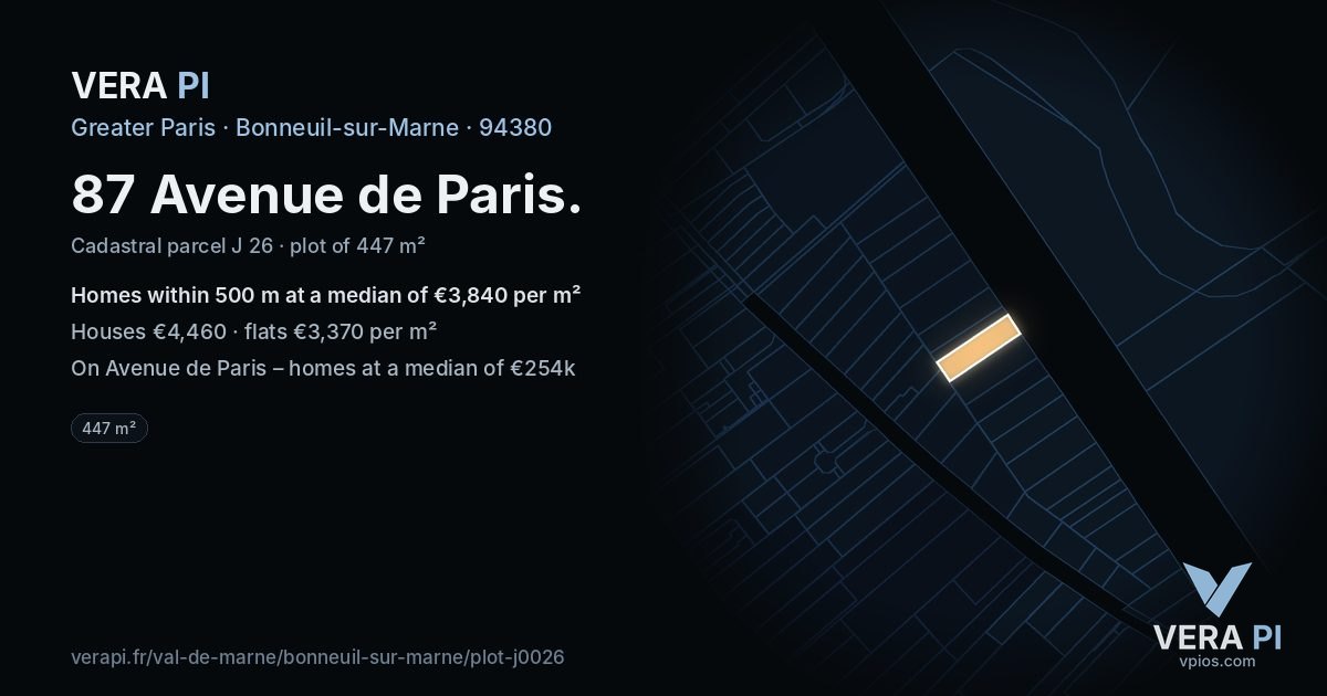 87 Avenue de Paris, Bonneuil-sur-Marne at night – the plot lit, the parcels around coloured by the prices near them