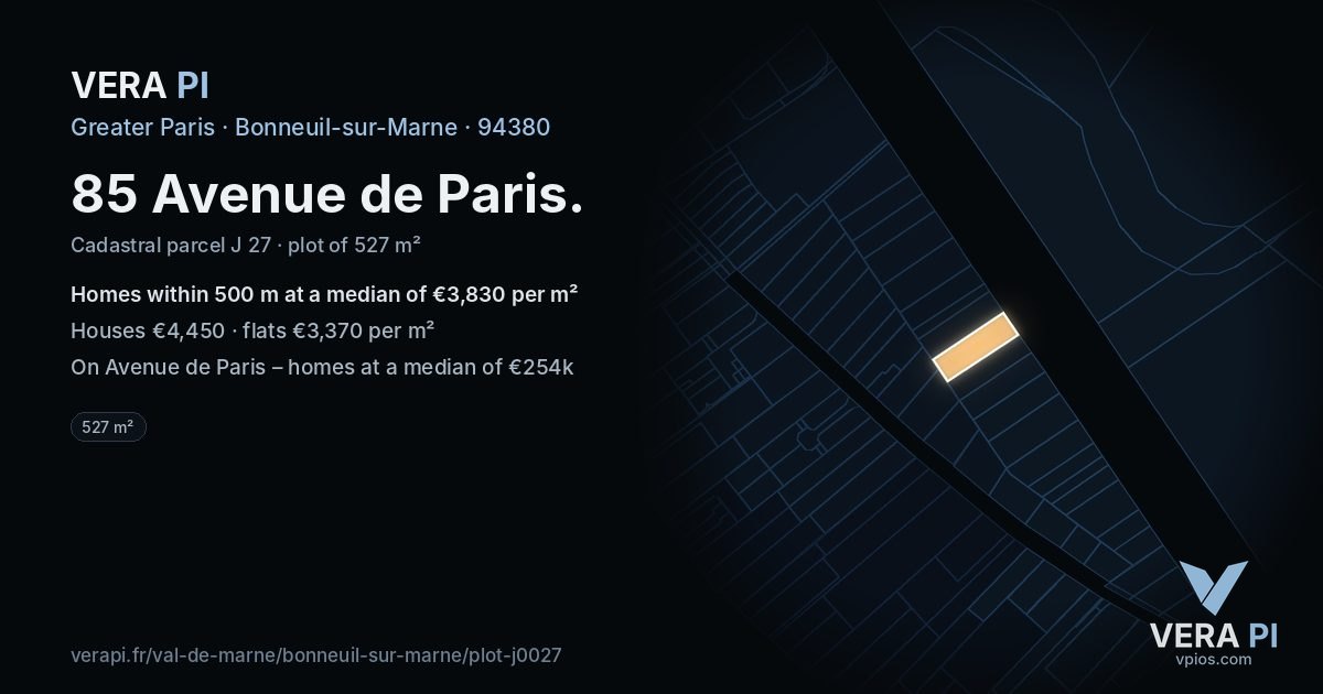 85 Avenue de Paris, Bonneuil-sur-Marne at night – the plot lit, the parcels around coloured by the prices near them