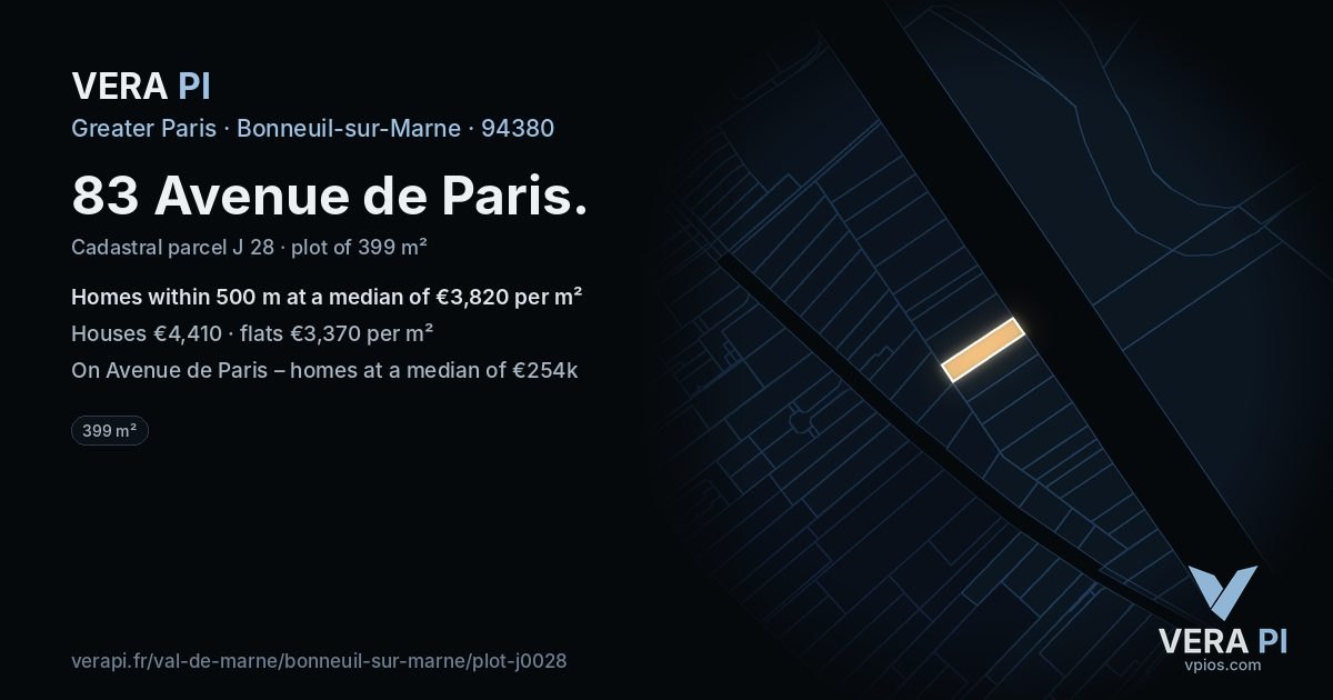 83 Avenue de Paris, Bonneuil-sur-Marne at night – the plot lit, the parcels around coloured by the prices near them