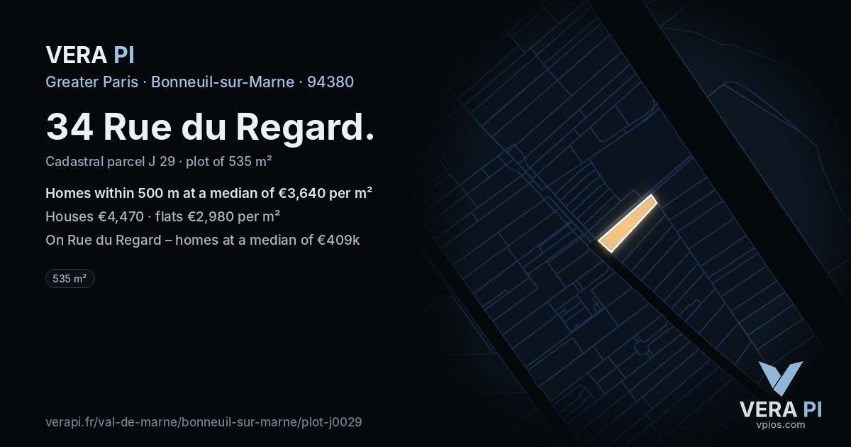 34 Rue du Regard, Bonneuil-sur-Marne at night – the plot lit, the parcels around coloured by the prices near them