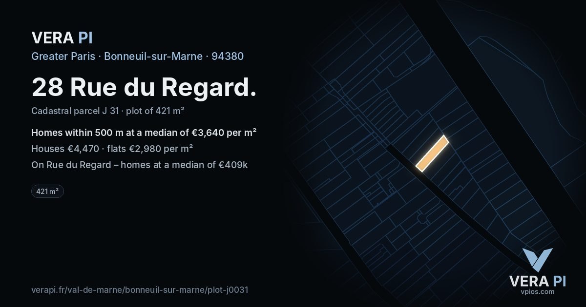 28 Rue du Regard, Bonneuil-sur-Marne at night – the plot lit, the parcels around coloured by the prices near them