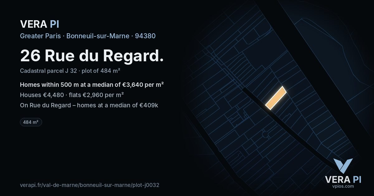 26 Rue du Regard, Bonneuil-sur-Marne at night – the plot lit, the parcels around coloured by the prices near them