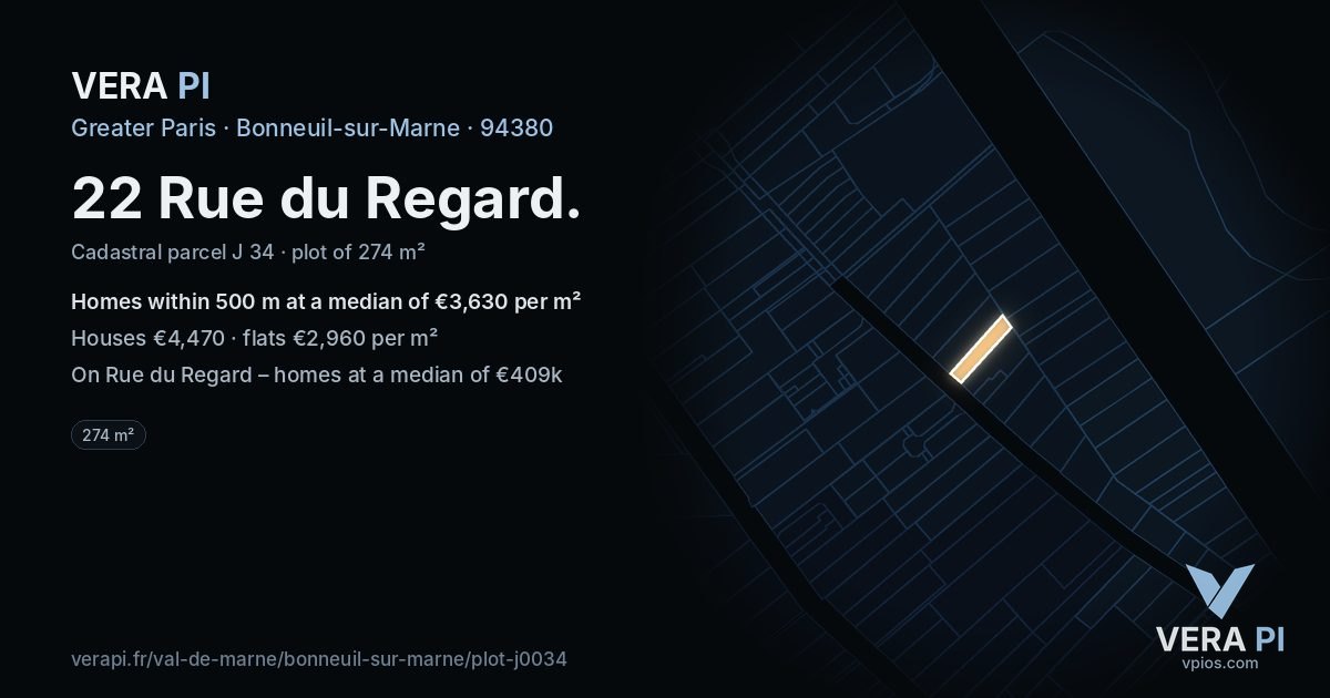 22 Rue du Regard, Bonneuil-sur-Marne at night – the plot lit, the parcels around coloured by the prices near them