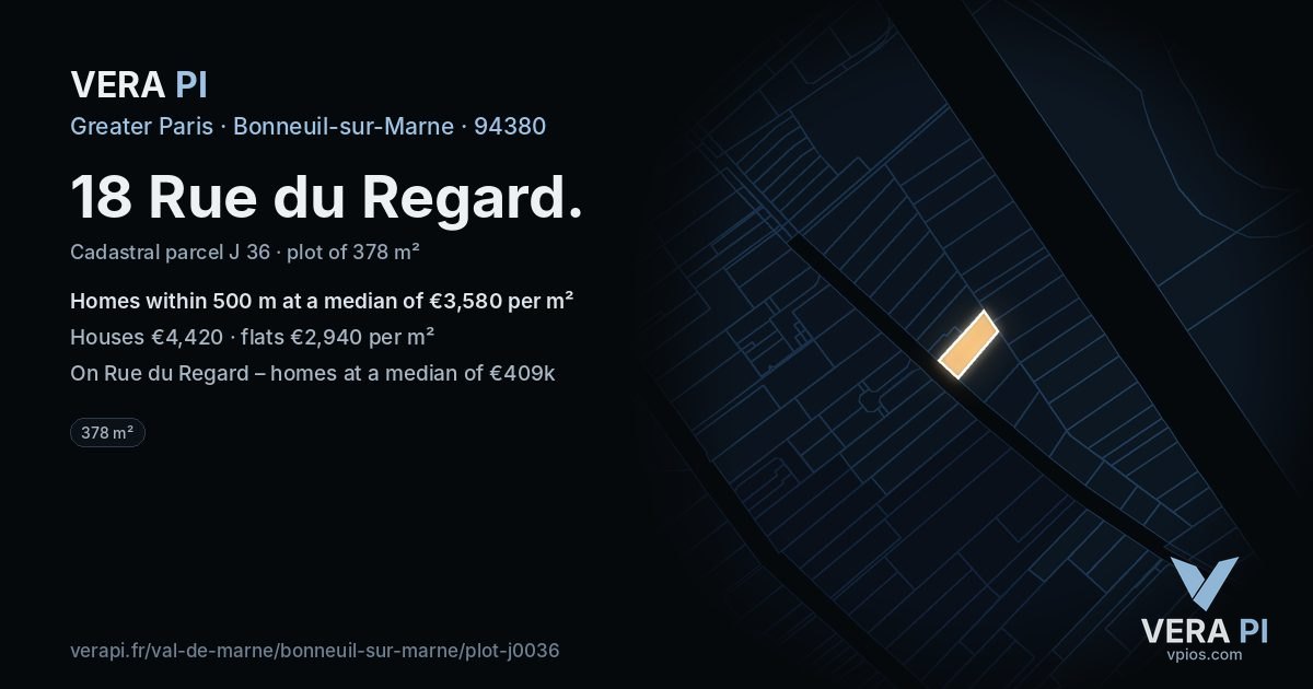 18 Rue du Regard, Bonneuil-sur-Marne at night – the plot lit, the parcels around coloured by the prices near them
