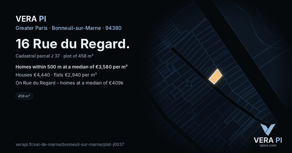 16 Rue du Regard, Bonneuil-sur-Marne at night – the plot lit, the parcels around coloured by the prices near them