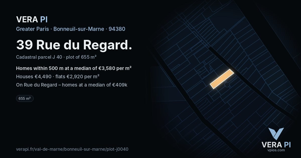 39 Rue du Regard, Bonneuil-sur-Marne at night – the plot lit, the parcels around coloured by the prices near them