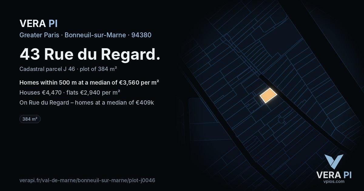 43 Rue du Regard, Bonneuil-sur-Marne at night – the plot lit, the parcels around coloured by the prices near them