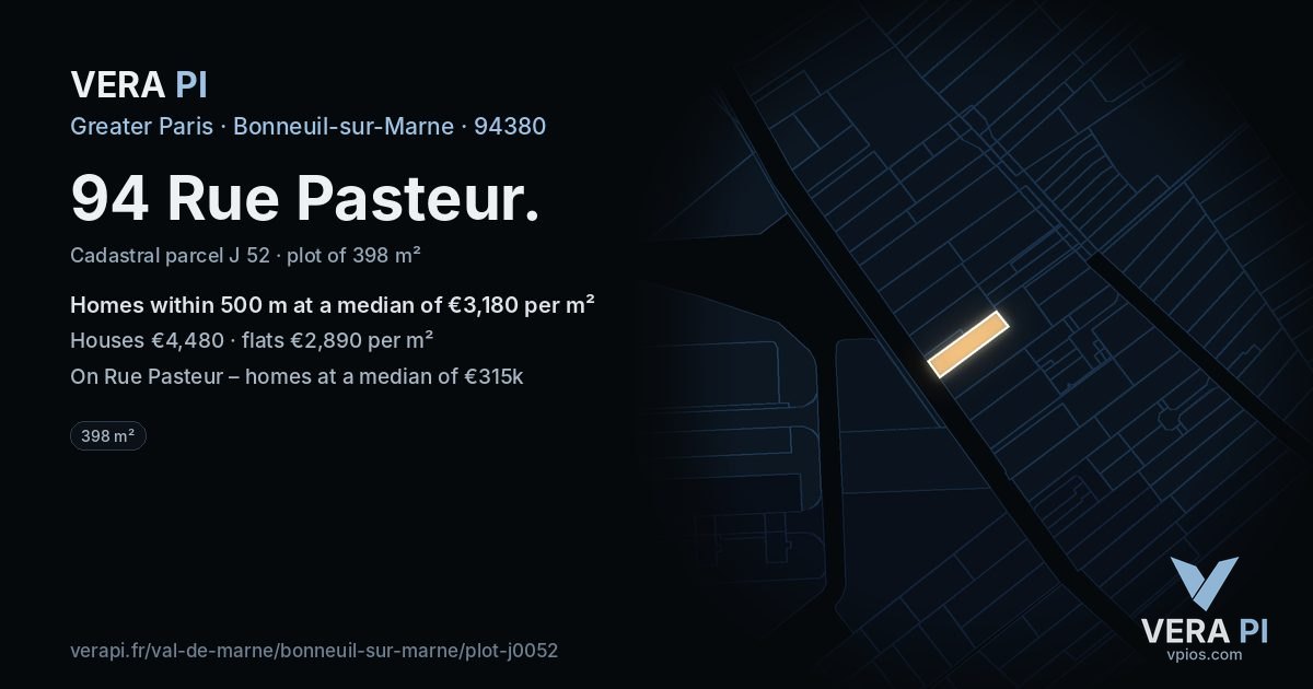 94 Rue Pasteur, Bonneuil-sur-Marne at night – the plot lit, the parcels around coloured by the prices near them