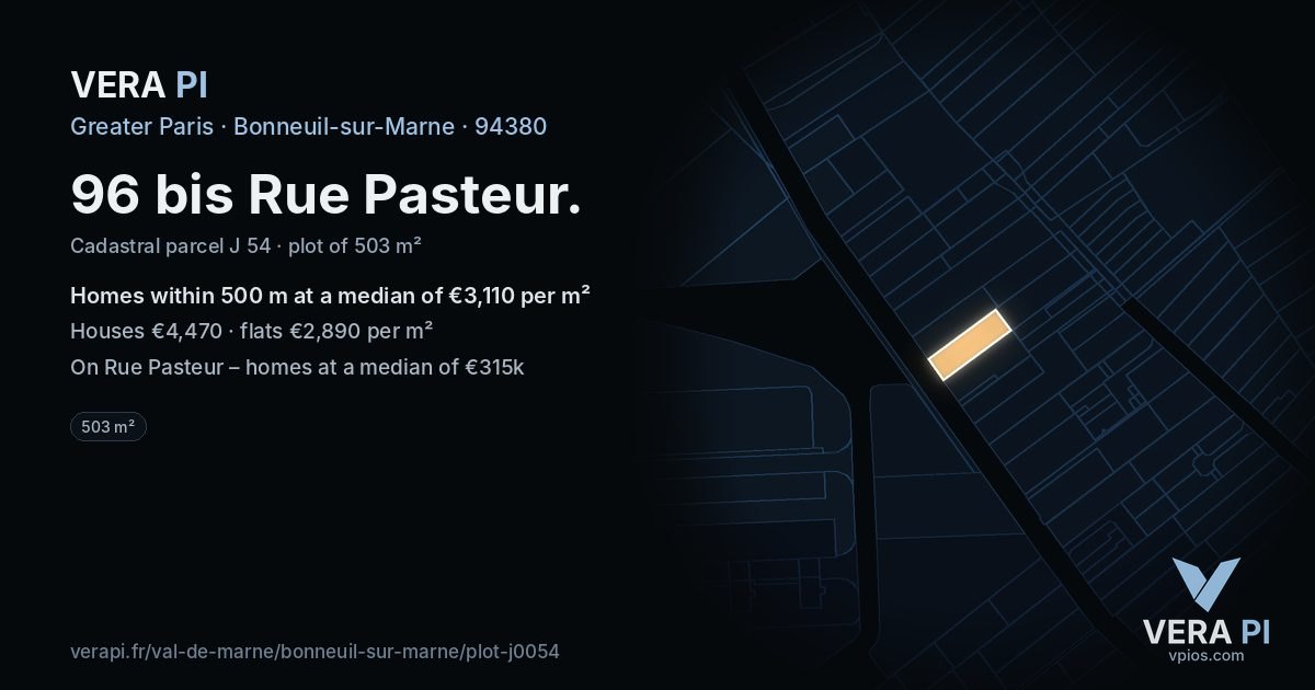 96 bis Rue Pasteur, Bonneuil-sur-Marne at night – the plot lit, the parcels around coloured by the prices near them