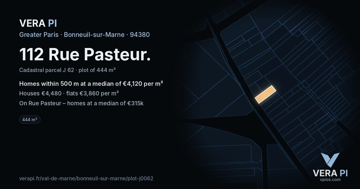 112 Rue Pasteur, Bonneuil-sur-Marne at night – the plot lit, the parcels around coloured by the prices near them