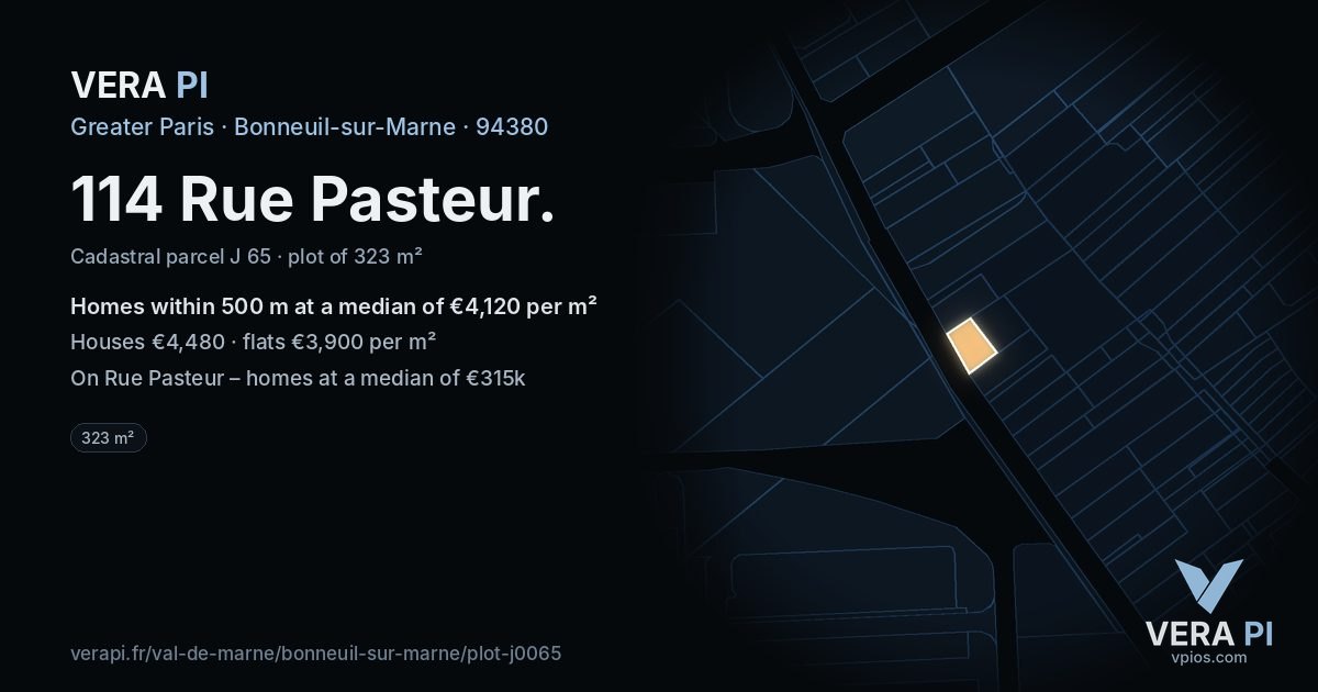 114 Rue Pasteur, Bonneuil-sur-Marne at night – the plot lit, the parcels around coloured by the prices near them