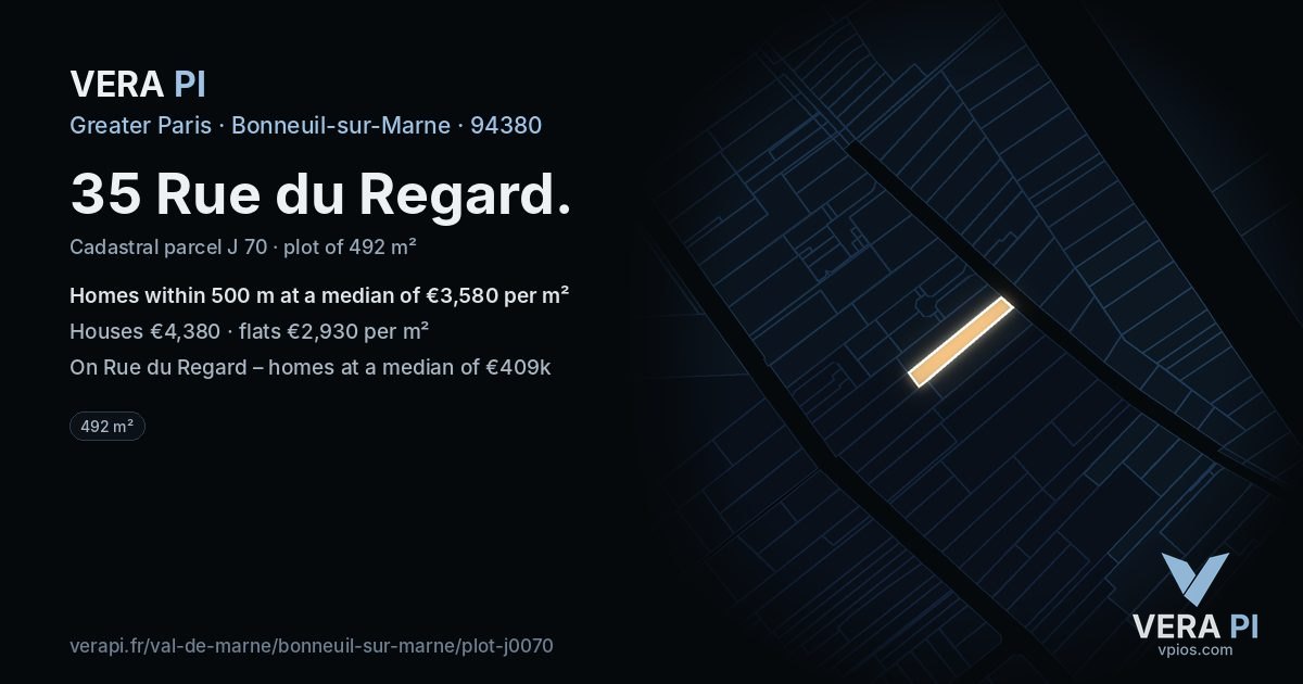 35 Rue du Regard, Bonneuil-sur-Marne at night – the plot lit, the parcels around coloured by the prices near them