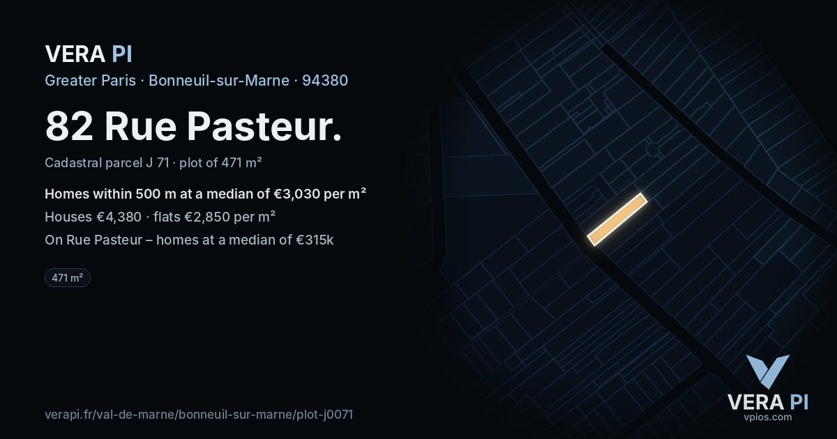 82 Rue Pasteur, Bonneuil-sur-Marne at night – the plot lit, the parcels around coloured by the prices near them