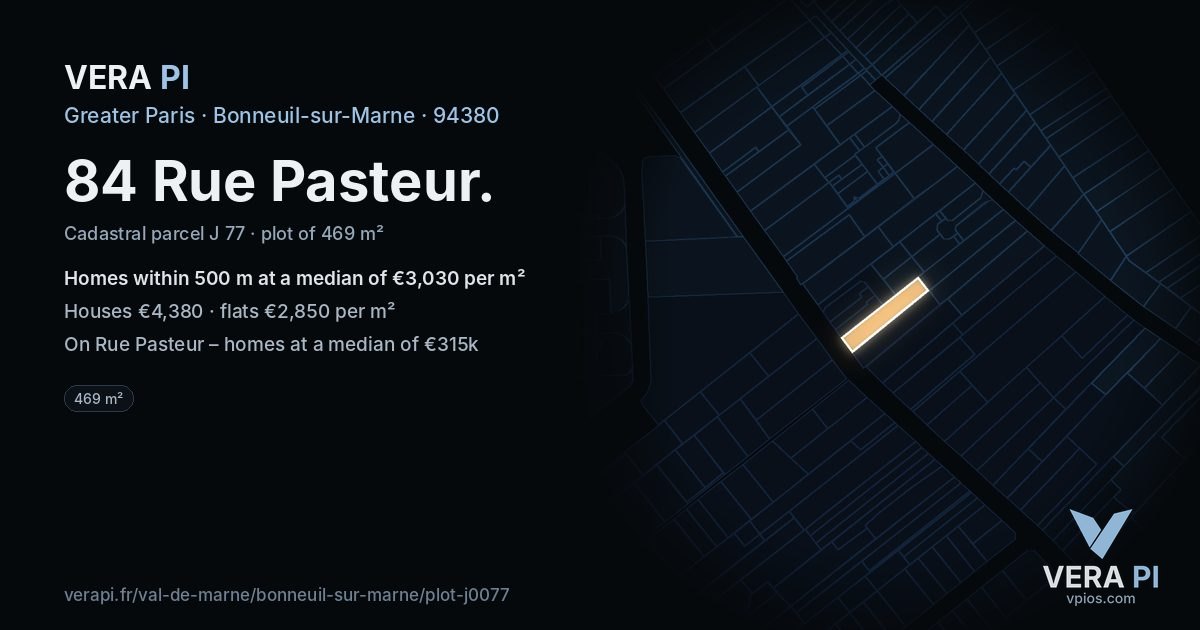84 Rue Pasteur, Bonneuil-sur-Marne at night – the plot lit, the parcels around coloured by the prices near them