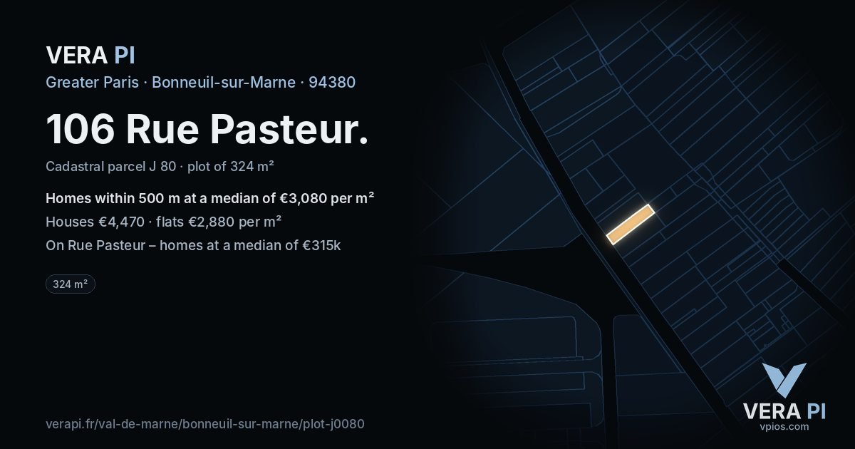 106 Rue Pasteur, Bonneuil-sur-Marne at night – the plot lit, the parcels around coloured by the prices near them