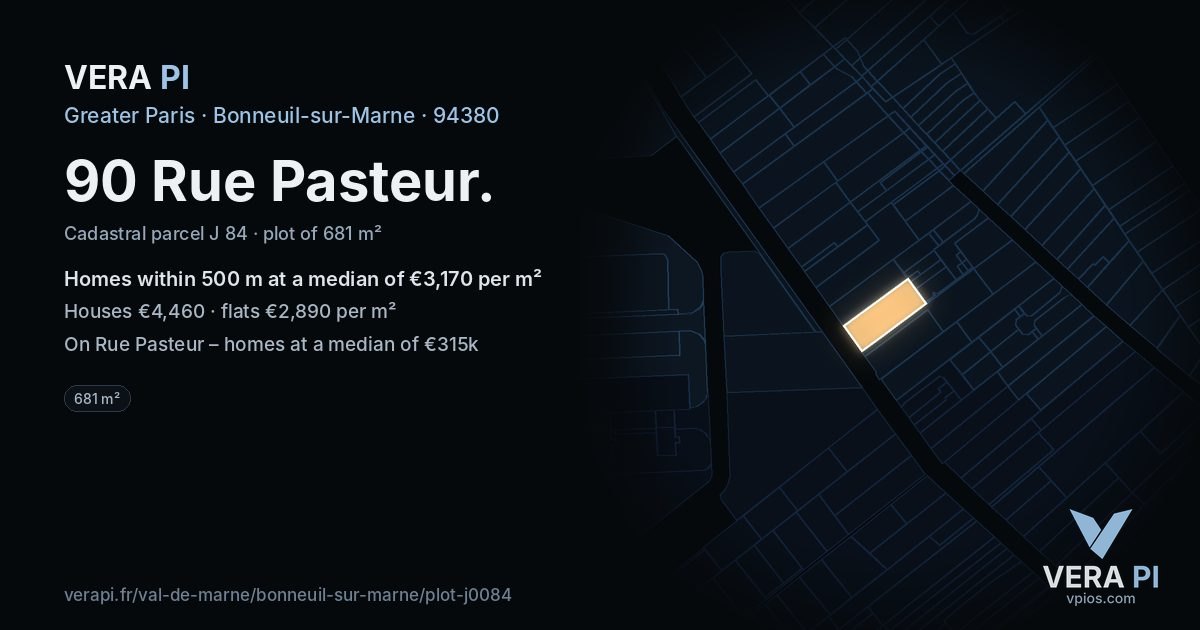 90 Rue Pasteur, Bonneuil-sur-Marne at night – the plot lit, the parcels around coloured by the prices near them