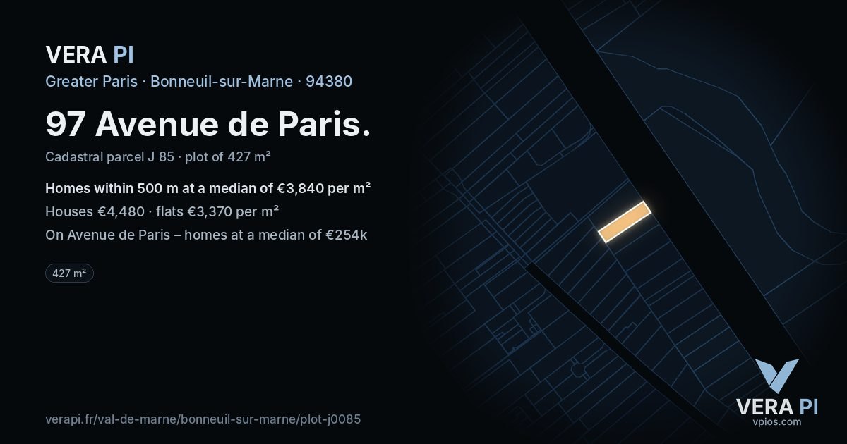 97 Avenue de Paris, Bonneuil-sur-Marne at night – the plot lit, the parcels around coloured by the prices near them
