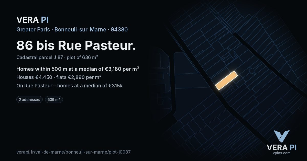 86 bis Rue Pasteur, Bonneuil-sur-Marne at night – the plot lit, the parcels around coloured by the prices near them