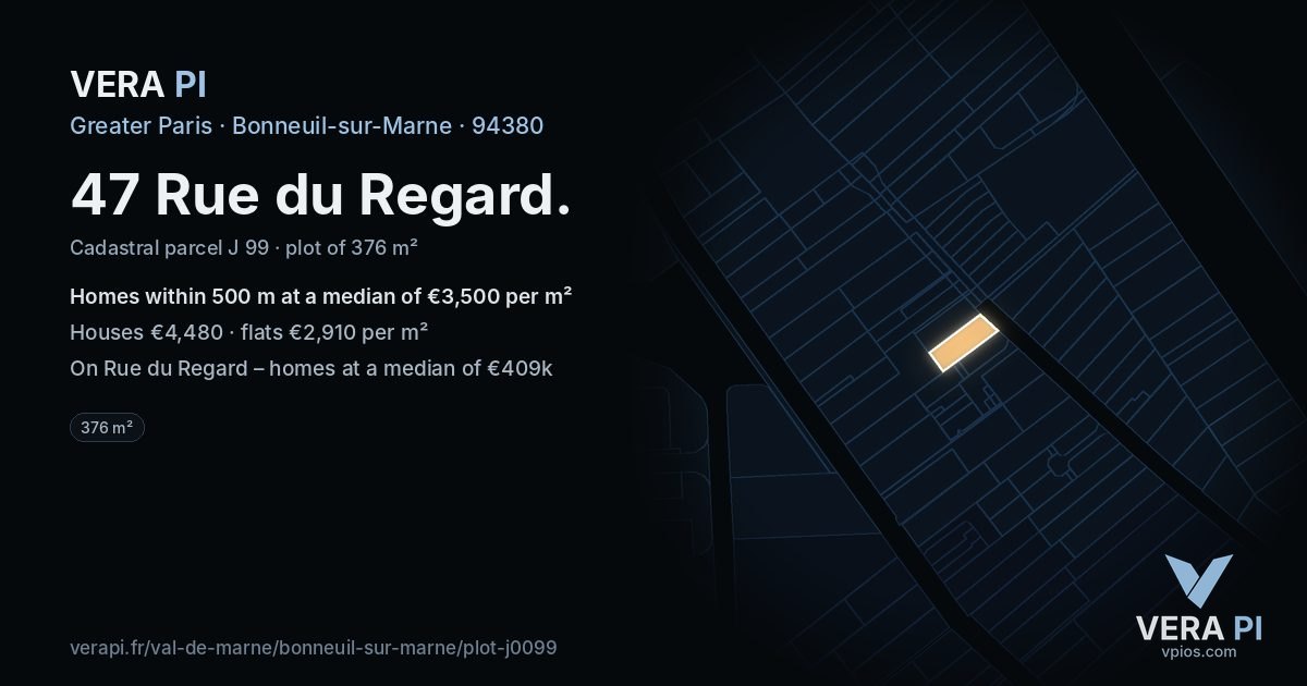 47 Rue du Regard, Bonneuil-sur-Marne at night – the plot lit, the parcels around coloured by the prices near them