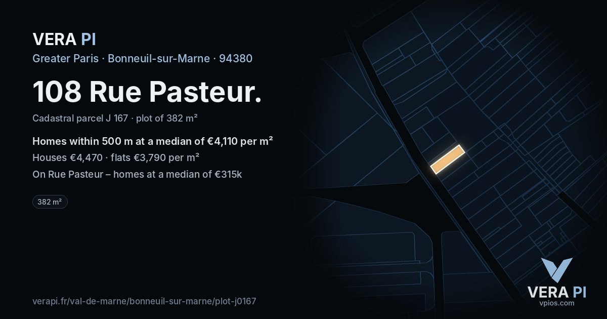 108 Rue Pasteur, Bonneuil-sur-Marne at night – the plot lit, the parcels around coloured by the prices near them