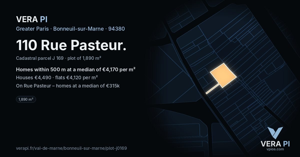 110 Rue Pasteur, Bonneuil-sur-Marne at night – the plot lit, the parcels around coloured by the prices near them