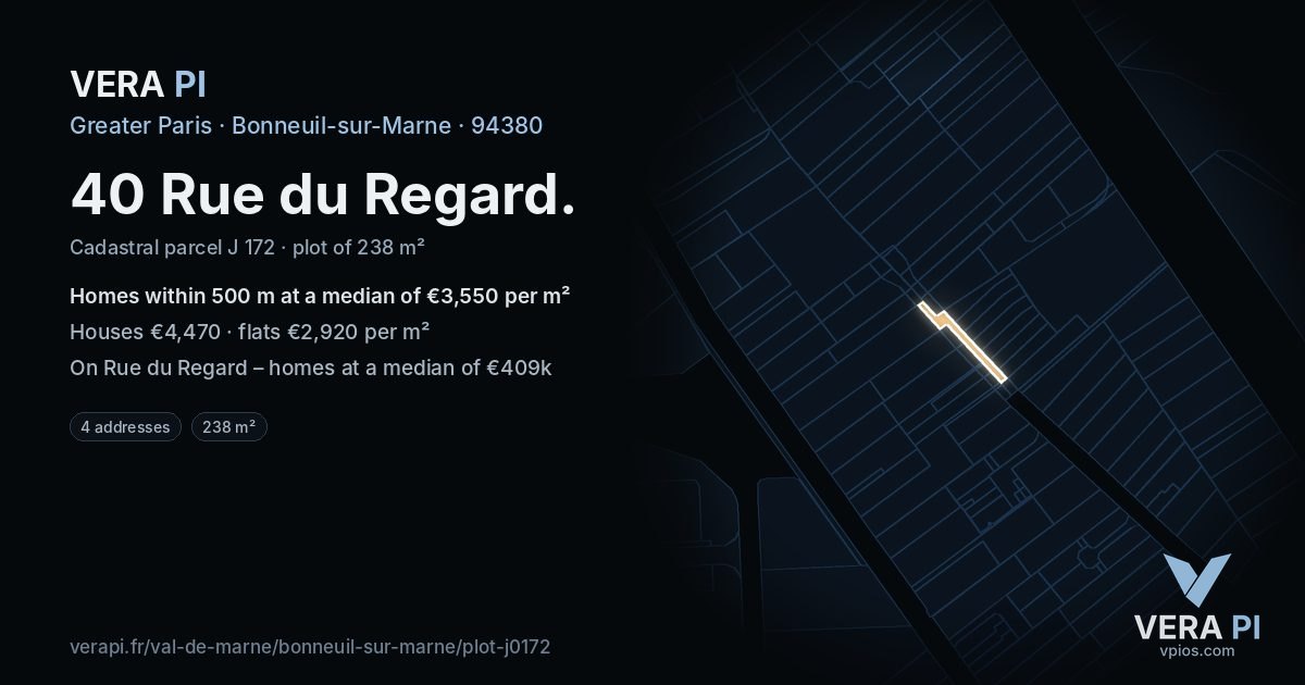 40 Rue du Regard, Bonneuil-sur-Marne at night – the plot lit, the parcels around coloured by the prices near them