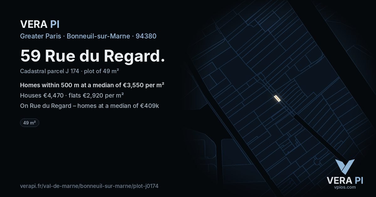 59 Rue du Regard, Bonneuil-sur-Marne at night – the plot lit, the parcels around coloured by the prices near them