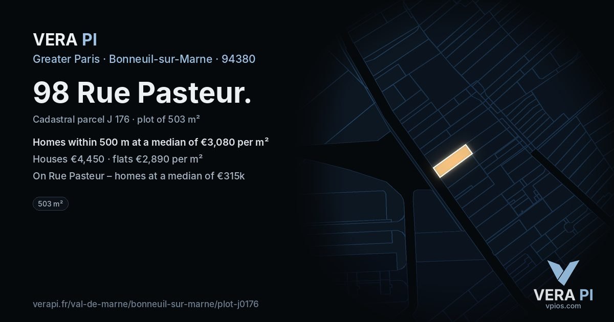 98 Rue Pasteur, Bonneuil-sur-Marne at night – the plot lit, the parcels around coloured by the prices near them