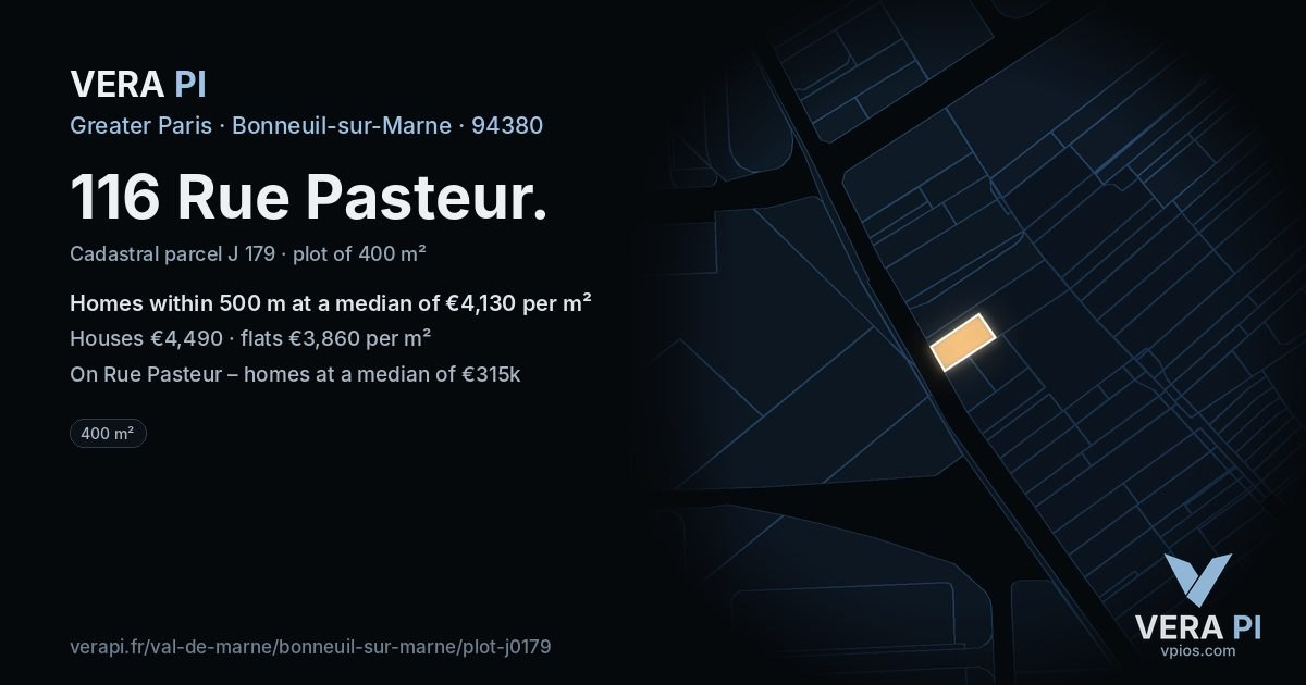 116 Rue Pasteur, Bonneuil-sur-Marne at night – the plot lit, the parcels around coloured by the prices near them