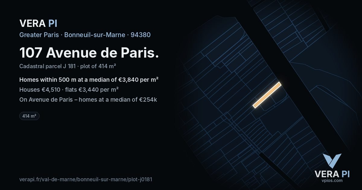 107 Avenue de Paris, Bonneuil-sur-Marne at night – the plot lit, the parcels around coloured by the prices near them
