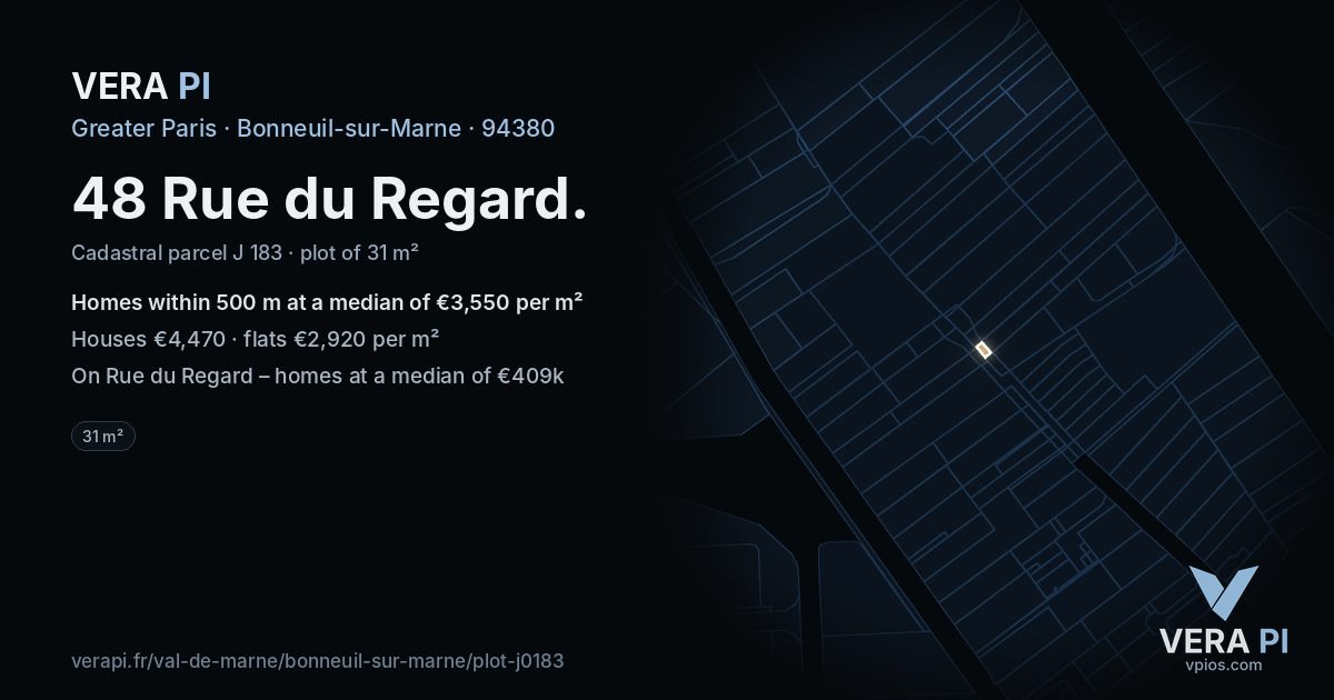 48 Rue du Regard, Bonneuil-sur-Marne at night – the plot lit, the parcels around coloured by the prices near them
