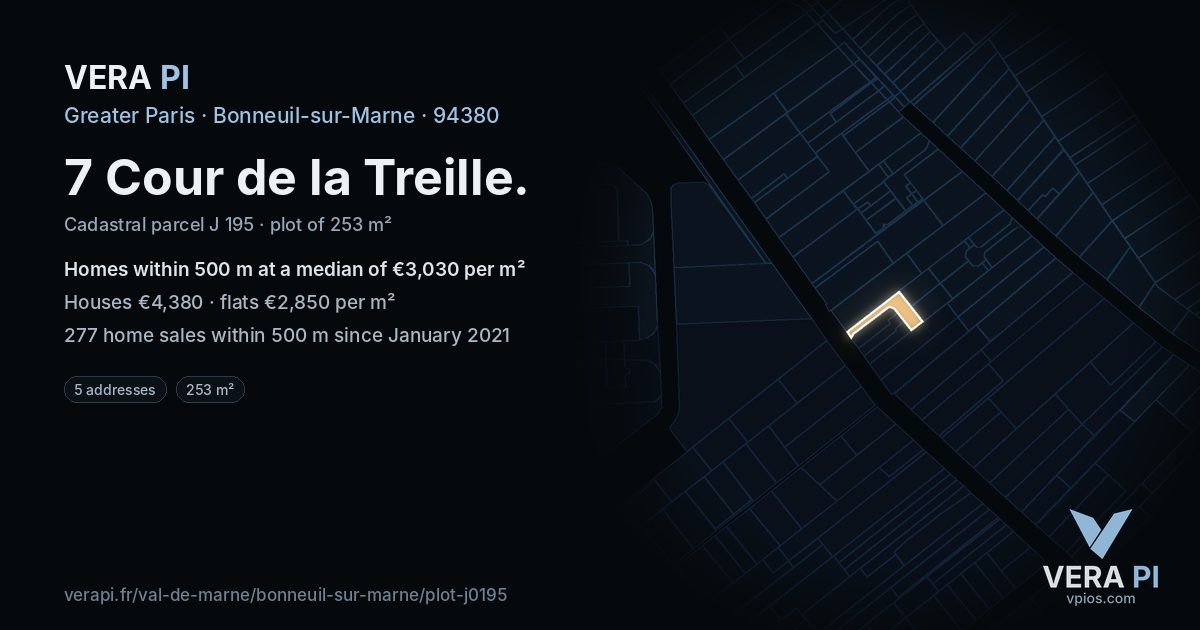 7 Cour de la Treille, Bonneuil-sur-Marne at night – the plot lit, the parcels around coloured by the prices near them