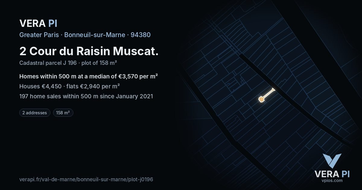 2 Cour du Raisin Muscat, Bonneuil-sur-Marne at night – the plot lit, the parcels around coloured by the prices near them