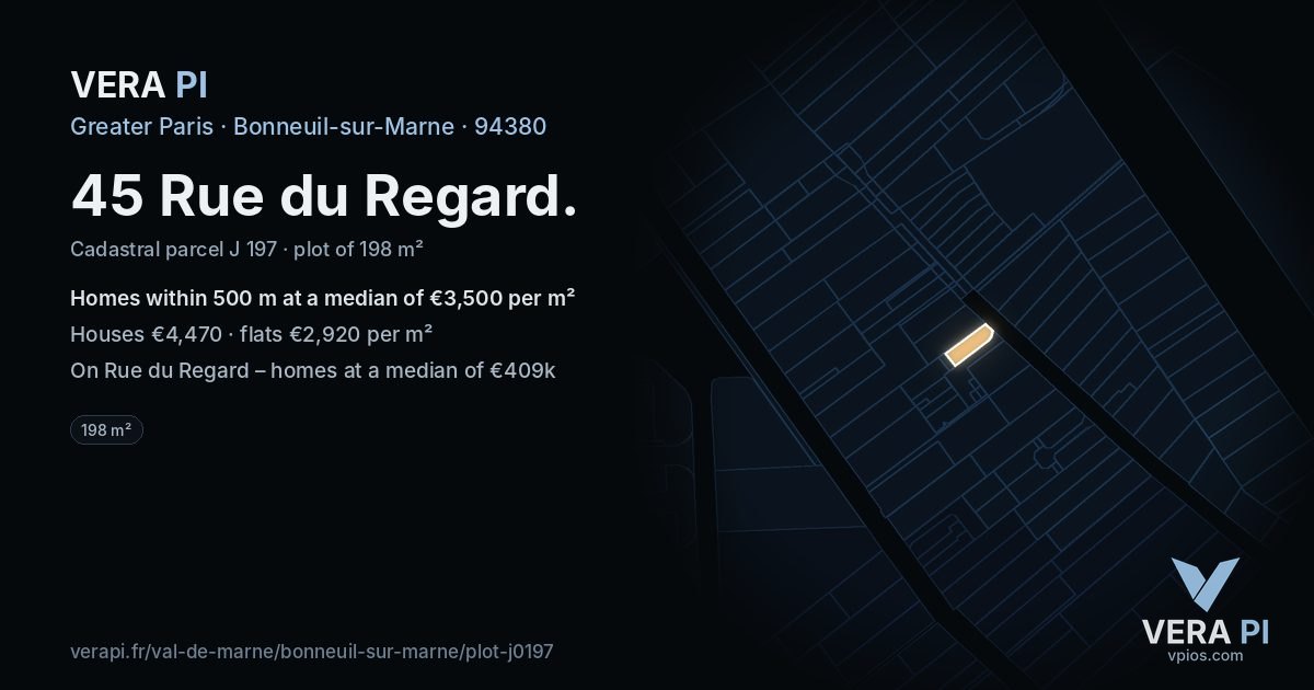 45 Rue du Regard, Bonneuil-sur-Marne at night – the plot lit, the parcels around coloured by the prices near them