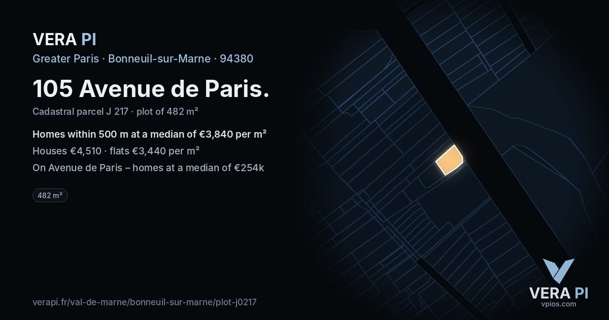 105 Avenue de Paris, Bonneuil-sur-Marne at night – the plot lit, the parcels around coloured by the prices near them