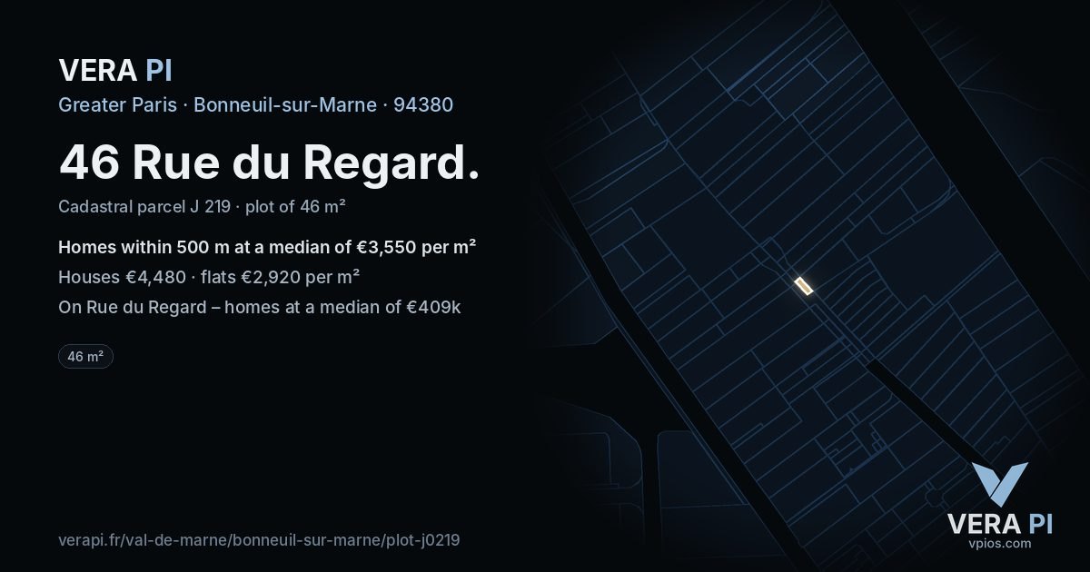 46 Rue du Regard, Bonneuil-sur-Marne at night – the plot lit, the parcels around coloured by the prices near them