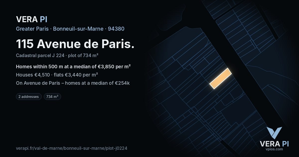 115 Avenue de Paris, Bonneuil-sur-Marne at night – the plot lit, the parcels around coloured by the prices near them