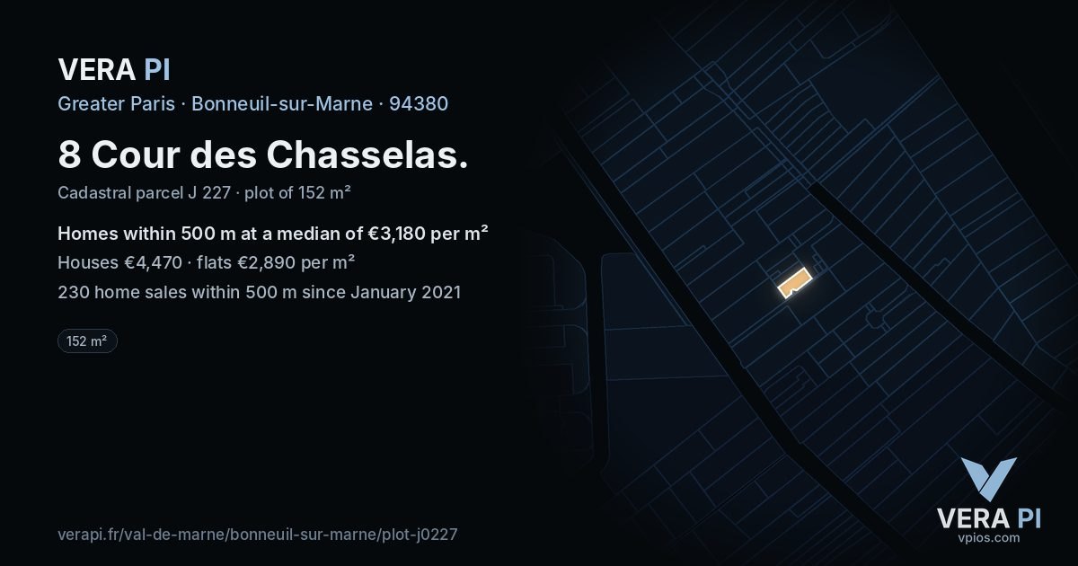 8 Cour des Chasselas, Bonneuil-sur-Marne at night – the plot lit, the parcels around coloured by the prices near them