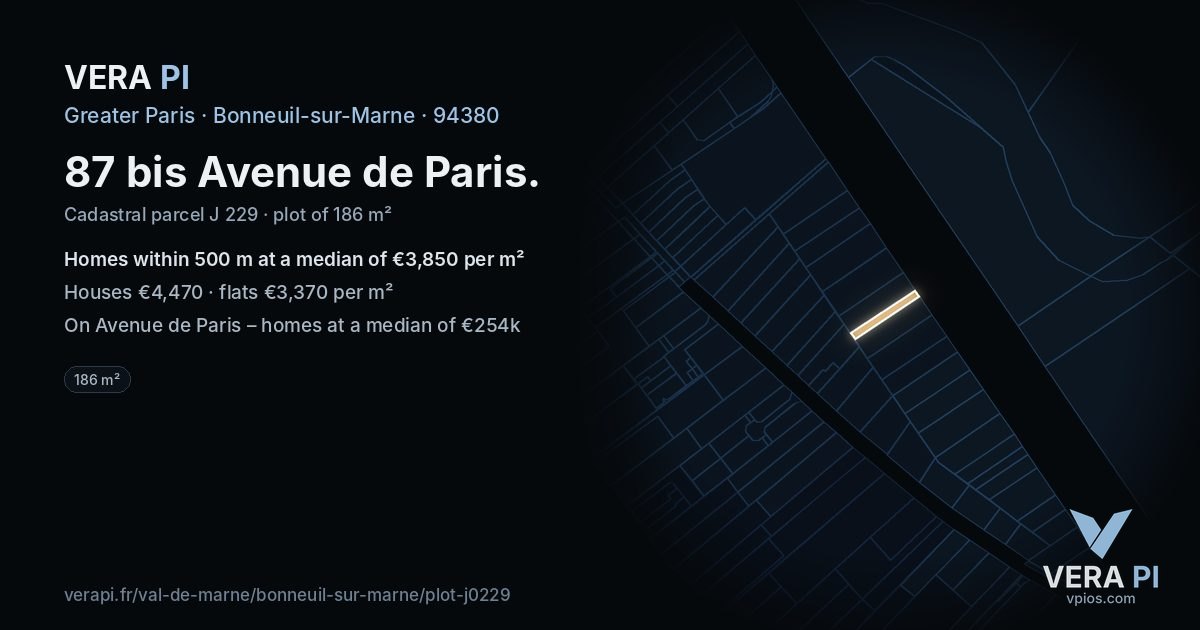 87 bis Avenue de Paris, Bonneuil-sur-Marne at night – the plot lit, the parcels around coloured by the prices near them