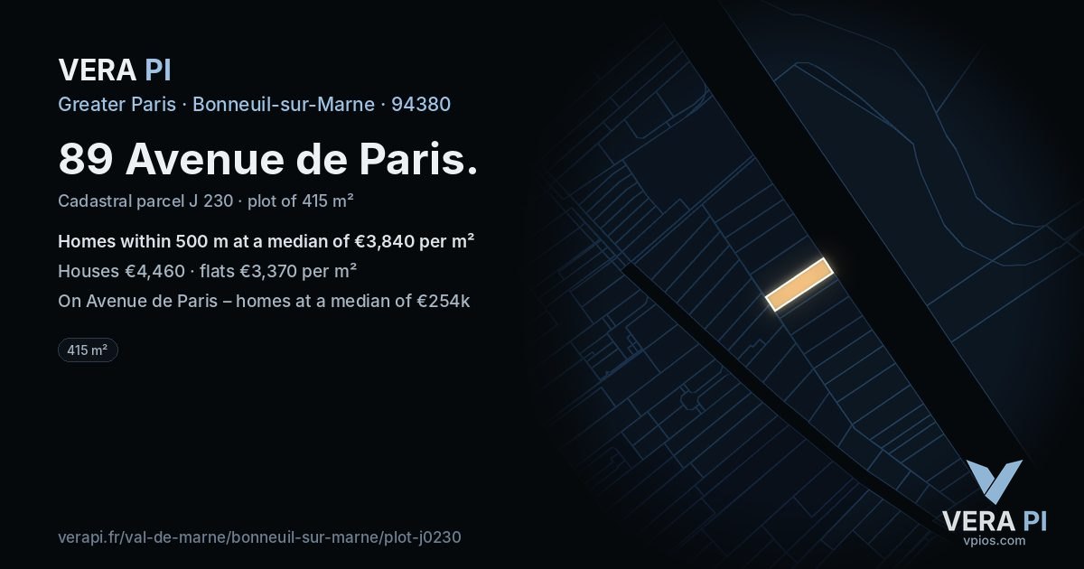 89 Avenue de Paris, Bonneuil-sur-Marne at night – the plot lit, the parcels around coloured by the prices near them