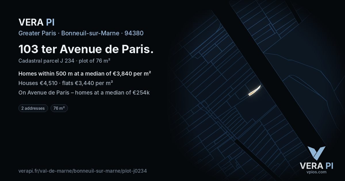 103 ter Avenue de Paris, Bonneuil-sur-Marne at night – the plot lit, the parcels around coloured by the prices near them