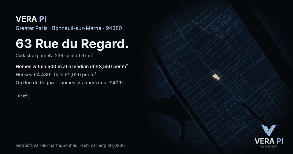 63 Rue du Regard, Bonneuil-sur-Marne at night – the plot lit, the parcels around coloured by the prices near them