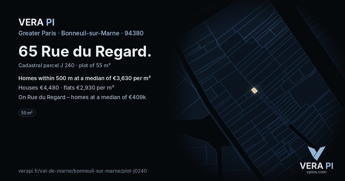 65 Rue du Regard, Bonneuil-sur-Marne at night – the plot lit, the parcels around coloured by the prices near them
