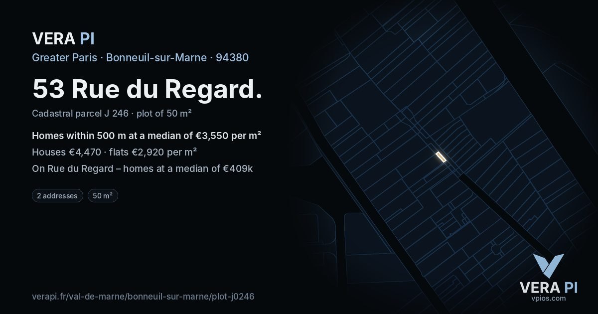 53 Rue du Regard, Bonneuil-sur-Marne at night – the plot lit, the parcels around coloured by the prices near them