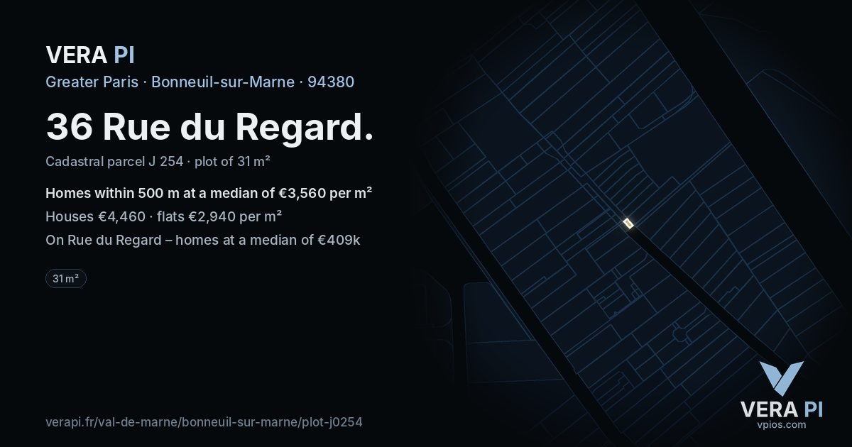 36 Rue du Regard, Bonneuil-sur-Marne at night – the plot lit, the parcels around coloured by the prices near them