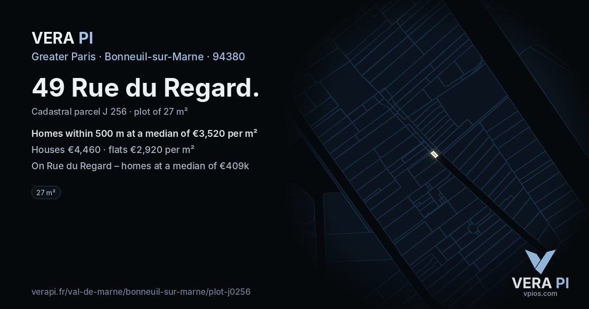 49 Rue du Regard, Bonneuil-sur-Marne at night – the plot lit, the parcels around coloured by the prices near them