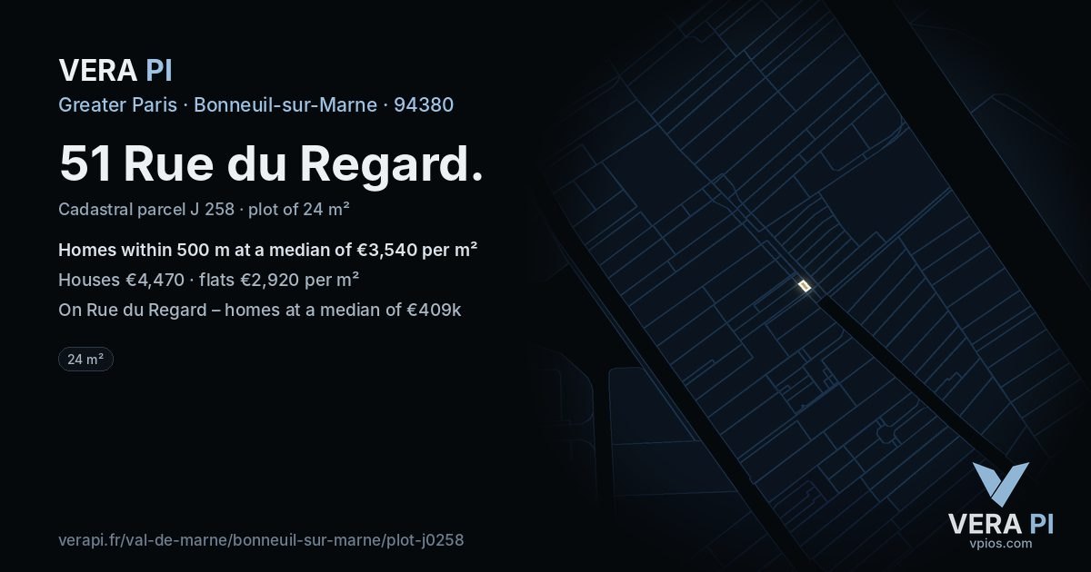 51 Rue du Regard, Bonneuil-sur-Marne at night – the plot lit, the parcels around coloured by the prices near them